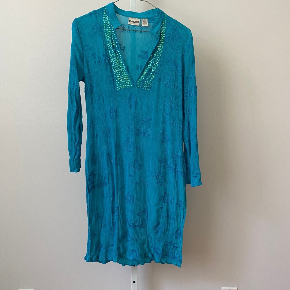 Chicos Silk Boho Beachy Sequin Embroidered Tunic Dress 1 Blue